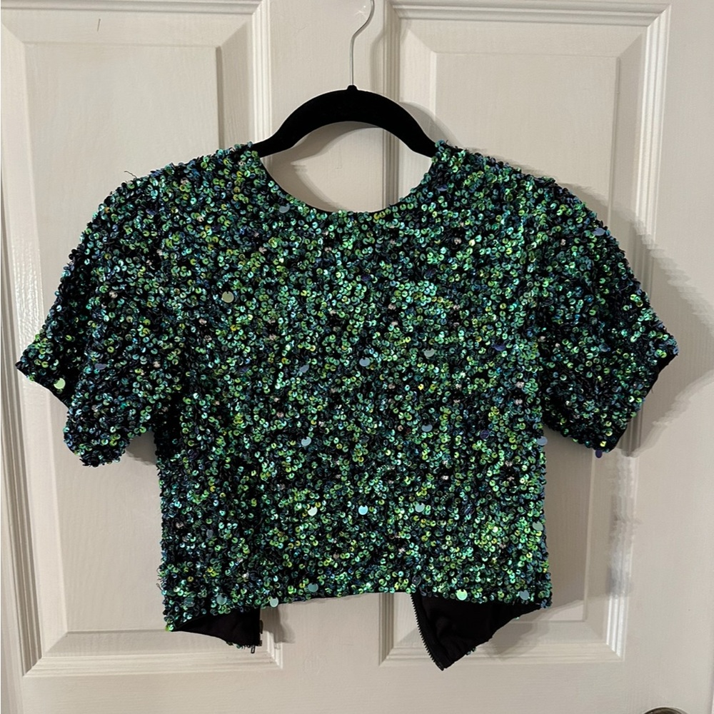 Lace & Beads Iridescent Embellished Open Back Cropped Top Size UK 8 (US 4)